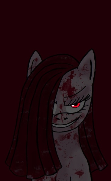 Size: 406x664 | Tagged: semi-grimdark, artist:flakith, derpibooru import, pinkie pie, earth pony, pony, blood, creepy, creepy grin, creepy smile, female, grin, hair over one eye, looking at you, mare, pinkamena diane pie, red background, simple background, smiling, solo