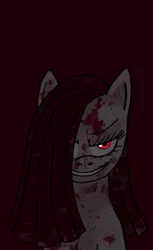 Size: 406x664 | Tagged: semi-grimdark, artist:flakith, derpibooru import, pinkie pie, earth pony, pony, blood, creepy, creepy grin, creepy smile, female, grin, hair over one eye, looking at you, mare, pinkamena diane pie, red background, simple background, smiling, solo