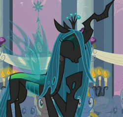 Size: 425x405 | Tagged: safe, derpibooru import, screencap, derpy hooves, meadow song, perfect pace, queen chrysalis, rainbowshine, changeling, changeling queen, pegasus, pony, a canterlot wedding, animated, cute, cutealis, female, gif, giggling, laughing, mare, solo focus