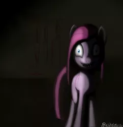 Size: 1680x1733 | Tagged: grimdark, artist:aerostheunsure, artist:davidle, derpibooru import, pinkie pie, pony, fanfic:cupcakes, luna game, party of one, blood, cleaver, creepy, creepypasta, female, image, insanity, knife, mare, nightmare fuel, pinkamena diane pie, png, solo, solo female