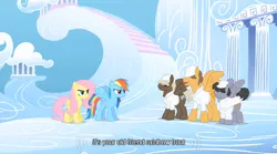 Size: 640x355 | Tagged: boy bullies, derpibooru import, dumbbell, fluttershy, hoops, quarterback, rainbow dash, rainbow trout, safe, score, screencap, sonic rainboom (episode), youtube caption