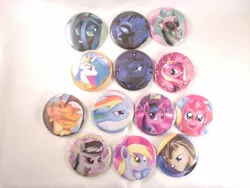 Size: 900x675 | Tagged: safe, artist:fanaticalfactory, derpibooru import, applejack, derpy hooves, discord, doctor whooves, nightmare moon, octavia melody, pinkie pie, princess cadance, princess celestia, princess luna, queen chrysalis, rainbow dash, time turner, twilight sparkle, changeling, changeling queen, pegasus, pony, buttons, female, mare