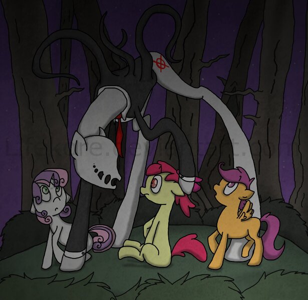 Size: 1300x1268 | Tagged: apple bloom, artist:lifekore, cutie mark crusaders, derpibooru import, grimdark, ponified, scootaloo, slenderman, slendermane, slenderpony, sweetie belle