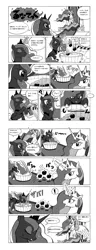 Size: 765x2000 | Tagged: dead source, safe, artist:docpel, derpibooru import, princess celestia, princess luna, alicorn, pony, luna eclipsed, ..., apple, apple bobbing, comic, dialogue, duo, duo female, exclamation point, eyes closed, female, food, grayscale, japanese, magic, mare, monochrome, pixiv, question mark, simple background, sitting, smiling, snorting, speech bubble, sweat, telekinesis, throne, trollestia, white background