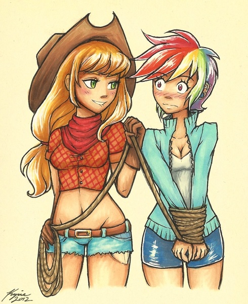 Size: 630x771 | Tagged: suggestive, artist:k-y-h-u, derpibooru import, applejack, rainbow dash, appledash, belly button, blushing, breasts, cleavage, clothes, daisy dukes, female, femdom, gloves, humanized, lesbian, lip bite, midriff, rope, shipping, shorts, traditional art