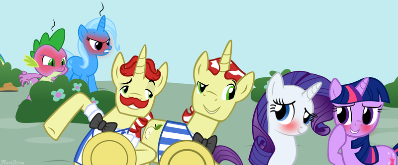 Size: 1904x793 | Tagged: artist:navitaserussirus, derpibooru import, female, flam, flim, flim flam brothers, jealous, male, rariflam, rarity, safe, shipping, spike, straight, trixie, twiflim, twilight sparkle