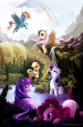 Size: 700x1064 | Tagged: safe, artist:andreatamme, derpibooru import, applejack, fluttershy, pinkie pie, rainbow dash, rarity, twilight sparkle, earth pony, pegasus, pony, unicorn, female, flying, mane six, mare, mountain, pond, rainbow, scenery, tree, unicorn twilight, water, waterfall