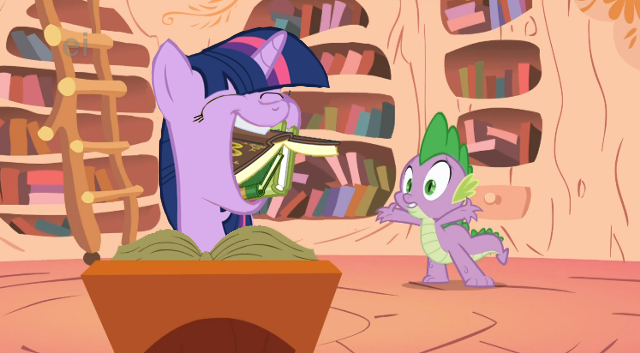 Size: 640x353 | Tagged: artist:capnpea, bibliovore, book, derpibooru import, eating, edit, edited screencap, fimbriae, pica, safe, screencap, spike, that pony sure does love books, twilight sparkle