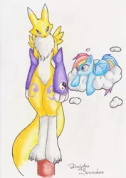 Size: 1280x1810 | Tagged: safe, artist:mancoin, derpibooru import, rainbow dash, anthro, pegasus, pony, renamon, anthro with ponies, cloud, colored pencil drawing, crossover, digimon, digimon tamers, duo, female, lying on a cloud, mare, traditional art