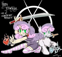 Size: 1280x1195 | Tagged: safe, artist:balooga, derpibooru import, sweetie belle, android, human, pony, robot, robot pony, unicorn, badass, black background, blade, blank flank, clothes, female, filly, fire, foal, gynoid, hooves, horn, horned humanization, human ponidox, humanized, knife, simple background, socks, stockings, striped socks, sweetie bot, sword, teeth