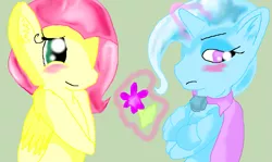 Size: 921x548 | Tagged: artist:cazycoon, derpibooru import, female, flower, fluttershy, lesbian, safe, shipping, trixie, trixieshy