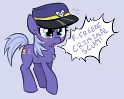 Size: 562x448 | Tagged: blushing, criminal scum, cute, derpibooru import, dialogue, glare, hat, nervous, oc, oc:blue fuzz, open mouth, police, police pony, safe, stop right there criminal scum, stuttering, sweat, tsundere, yelling