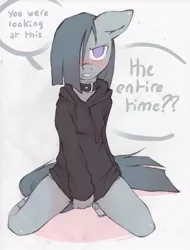 Size: 910x1200 | Tagged: anthro, artist:lonelycross, blushing, clothes, collar, covering, dead source, derpibooru import, female, hoodie, lonely inky, marble pie, socks, solo, solo female, striped socks, suggestive