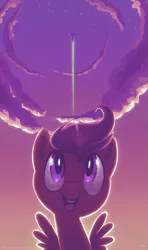 Size: 591x1000 | Tagged: dead source, safe, artist:anjila, derpibooru import, rainbow dash, scootaloo, pegasus, pony, cloud, cloudy, female, filly, flying, open mouth, scenery, sky, solo focus
