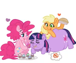 Size: 600x500 | Tagged: safe, artist:mt, derpibooru import, applejack, pinkie pie, twilight sparkle, cupcake, fat, feedee, feeder, feederjack, feeder pinkie, food, force feeding, obese, stuffing, twilard sparkle