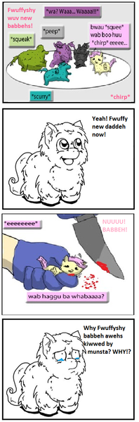 Size: 403x1224 | Tagged: 4koma, artist:fillialcacophony, artist:meh, blood, clothes, comic, crying, derpibooru import, edit, fluffy pony, fluffy pony death, fluffy pony foals, fluffy pony grimdark, fluffyshy, fluttershy, foal abuse, gloves, grimdark, knife