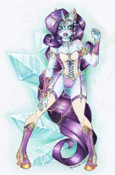 Size: 3048x4616 | Tagged: anthro, artist:volvom, breasts, cleavage, clothes, corset, derpibooru import, female, garters, high heel boots, jewelry, lingerie, makeup, nail polish, panties, rarity, solo, solo female, stockings, suggestive, traditional art, underwear