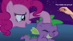 Size: 960x541 | Tagged: safe, derpibooru import, edit, edited screencap, screencap, pinkie pie, spike, dragon, earth pony, eyes closed, female, hand, male, mare, noogie