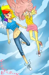 Size: 719x1111 | Tagged: artist:mylittlerennie, belly button, breasts, clothes, converse, delicious flat chest, derpibooru import, dress, duo, falling, flattershy, fluttershy, humanized, midriff, rainbow dash, safe, shirt, shirt lift, shoes, sneakers, t-shirt, winged humanization