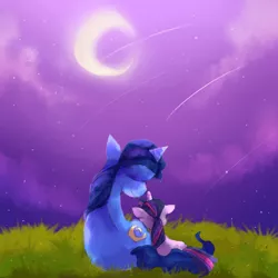 Size: 600x600 | Tagged: safe, artist:cheerubi, derpibooru import, night light, twilight sparkle, pony, unicorn, cutie mark, duo, father and child, father and daughter, female, filly, grass, horn, lying down, male, meteor shower, moon, night, smiling, snuggling, stars