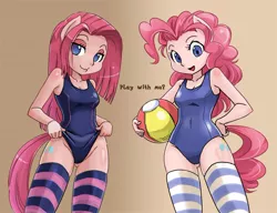 Size: 900x691 | Tagged: suggestive, artist:shepherd0821, derpibooru import, pinkie pie, anthro, earth pony, ambiguous facial structure, beach ball, belly button, breasts, clothes, eared humanization, female, one-piece swimsuit, open mouth, pinkamena diane pie, smiling, socks, striped socks, sukumizu, swimsuit