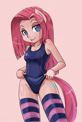 Size: 700x1044 | Tagged: ambiguous facial structure, anthro, artist:shepherd0821, breasts, clothes, curtsey, derpibooru import, one-piece swimsuit, pinkamena diane pie, pinkie pie, seductive look, seductive pose, self wedgie, socks, solo, striped socks, stupid sexy pinkie, suggestive, sukumizu, swimsuit, wedgie