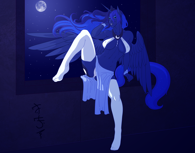 Size: 6500x5123 | Tagged: absolute cleavage, alicorn, anthro, artist:omnoproxyl337, artist:raistlinalston16, big breasts, breasts, busty princess luna, cameltoe, cleavage, clothes, derpibooru import, erect nipples, female, hoers, loincloth, missing accessory, nipple outline, panties, plantigrade anthro, princess luna, questionable, solo, solo female, source needed, spreading, spread legs, thong, underwear, useless source url, white underwear