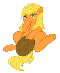 Size: 740x900 | Tagged: applejack, artist:crypticannelid, bedroom eyes, derpibooru import, loose hair, ribbon, suggestive