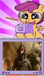 Size: 429x745 | Tagged: safe, derpibooru import, scootaloo, kaiju, pony, exploitable meme, gigan, godzilla (series), godzilla final wars, meme, scootaloo's new idol, tv meme