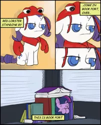 Size: 738x913 | Tagged: safe, artist:valcron, derpibooru import, rarity, twilight sparkle, ponified, lobster, pony, unicorn, book, book fort, comic, disguise, dog fort, filly, fort, fortress, parody, red lobster, younger