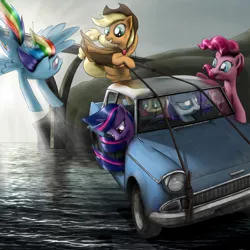 Size: 2048x2048 | Tagged: applejack, artist:nbd-four, car, derpibooru import, fluttershy, ford, ford anglia, harry potter, high res, mane six, parody, pinkie pie, rainbow dash, rarity, safe, twilight sparkle