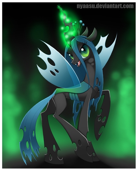 Size: 827x1029 | Tagged: artist:nyaasu, bedroom eyes, changeling, changeling queen, derpibooru import, fangs, female, glowing horn, looking at you, open mouth, pixiv, queen chrysalis, raised hoof, safe, signature, smiling, solo, standing, wings