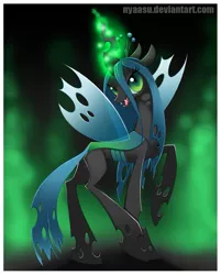 Size: 827x1029 | Tagged: artist:nyaasu, bedroom eyes, changeling, changeling queen, derpibooru import, fangs, female, glowing horn, looking at you, open mouth, pixiv, queen chrysalis, raised hoof, safe, signature, smiling, solo, standing, wings