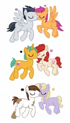 Size: 828x1438 | Tagged: safe, artist:invaderaveryx3, derpibooru import, dinky hooves, pipsqueak, rumble, scootaloo, snails, twist, adult, dinkysqueak, female, kissing, male, older, rumbloo, shipping, snailstwist, straight