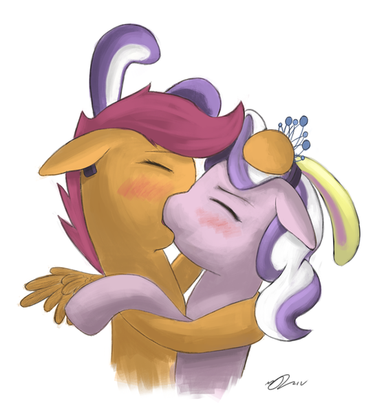 Size: 700x771 | Tagged: artist:ninthsphere, blushing, derpibooru import, diamond tiara, female, kissing, lesbian, safe, scootaloo, scootiara, shipping