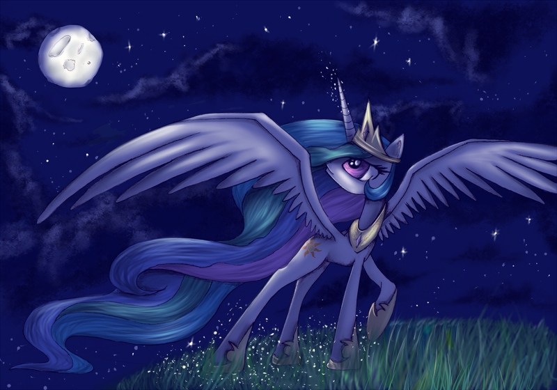 Size: 1200x840 | Tagged: artist:kairaanix, derpibooru import, moon, night, princess celestia, safe, solo, spread wings