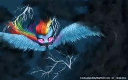 Size: 1920x1200 | Tagged: artist:kairaanix, derpibooru import, fluffy, flying, lightning, mask, rainbow dash, safe, spread wings