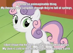 Size: 850x617 | Tagged: safe, derpibooru import, edit, edited screencap, screencap, sweetie belle, pony, robot, robot pony, unicorn, automatonic electronic harmonics, blank flank, female, filly, foal, hooves, horn, image macro, solo, song reference, steam powered giraffe, sweetie bot, text