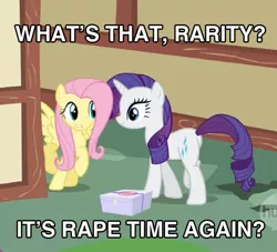 Size: 624x567 | Tagged: caption, derpibooru import, edit, edited screencap, fluttershy, image macro, implied rape, raep tiem, rarity, screencap, semi-grimdark, suggestive