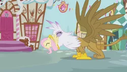 Size: 640x360 | Tagged: safe, artist:capnpea, derpibooru import, edit, edited screencap, screencap, fluttershy, gilda, gryphon, griffon the brush off, flutterprey, food chain, gildapred, griffons doing griffon things, mythologically accurate, predation, predator, prey, vore