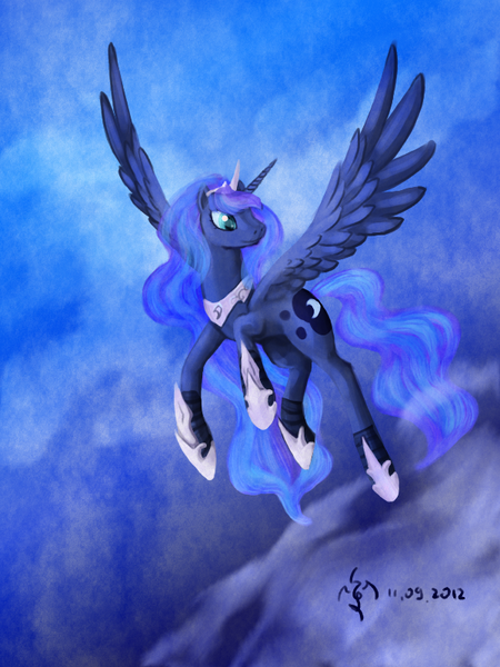 Size: 600x800 | Tagged: safe, artist:dalagar, derpibooru import, princess luna, alicorn, pony, female, flying, mare, solo