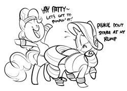 Size: 1025x740 | Tagged: suggestive, artist:ross irving, derpibooru import, pinkie pie, rarity, earth pony, pony, unicorn, exercise, eyes on the prize, fat, female, mare, monochrome, the ass was fat, workout