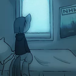 Size: 1280x1280 | Tagged: artist:lonelycross, ask lonely inky, bed, clothes, derpibooru import, hoodie, kneeling, lonely inky, looking out the window, marble pie, nine inch nails, poster, safe, window