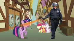 Size: 1244x700 | Tagged: apple bloom, cutie mark crusaders, derpibooru import, human, irl, irl human, john pike, pepper spray, pepper spray cop, photo, police officer, safe, scared, scootaloo, sweetie belle, twilight sparkle, twilybuse