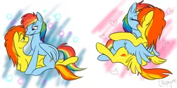 Size: 1500x750 | Tagged: source needed, suggestive, artist:calicopikachu, derpibooru import, rainbow dash, spitfire, pegasus, pony, blushing, duo, female, heart, kissing, lesbian, mare, shipping, simple background, spitdash, white background