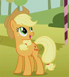 Size: 279x310 | Tagged: safe, derpibooru import, screencap, applejack, earth pony, pony, fall weather friends, animated, applejack's hat, blinking, cowboy hat, cropped, cute, female, happy, hat, hoofy-kicks, horses doing horse things, jackabetes, mare, open mouth, rearing, smiling, solo, talking