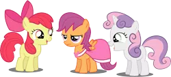 Size: 7214x3268 | Tagged: absurd resolution, apple bloom, artist:abion47, clothes, cutie mark crusaders, derpibooru import, dress, laughing, picture perfect pony, safe, scootaloo, scootaloo is not amused, simple background, sweetie belle, transparent background, unamused, vector