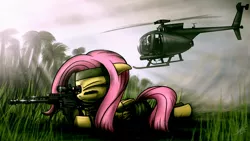 Size: 1920x1080 | Tagged: safe, artist:dori-to, derpibooru import, fluttershy, pegasus, pony, as50, female, floppy ears, flutterbadass, gun, helicopter, hooves, lying down, mare, md-500, optical sight, rifle, sniper, sniper rifle, snipershy, solo, weapon, wings