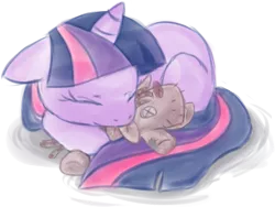 Size: 601x452 | Tagged: artist:mangaka-girl, derpibooru import, female, filly, filly twilight sparkle, safe, sleeping, smarty pants, snuggling, solo, twilight sparkle, younger