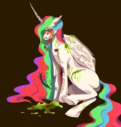 Size: 900x944 | Tagged: grimdark, artist:connie-lingus, derpibooru import, princess celestia, centipede, insect, spider, black background, blood, crying, floppy ears, missing accessory, simple background, sitting, slime, solo, tears of blood, tongue out, underhoof